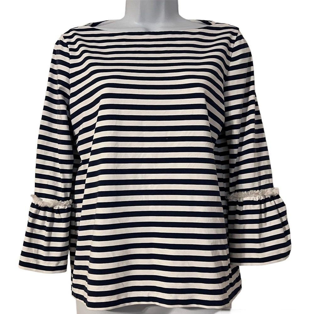 J. McLaughlin Ellie White Navy Striped Bell Sleeve Fringe Top S Catalina Cloth